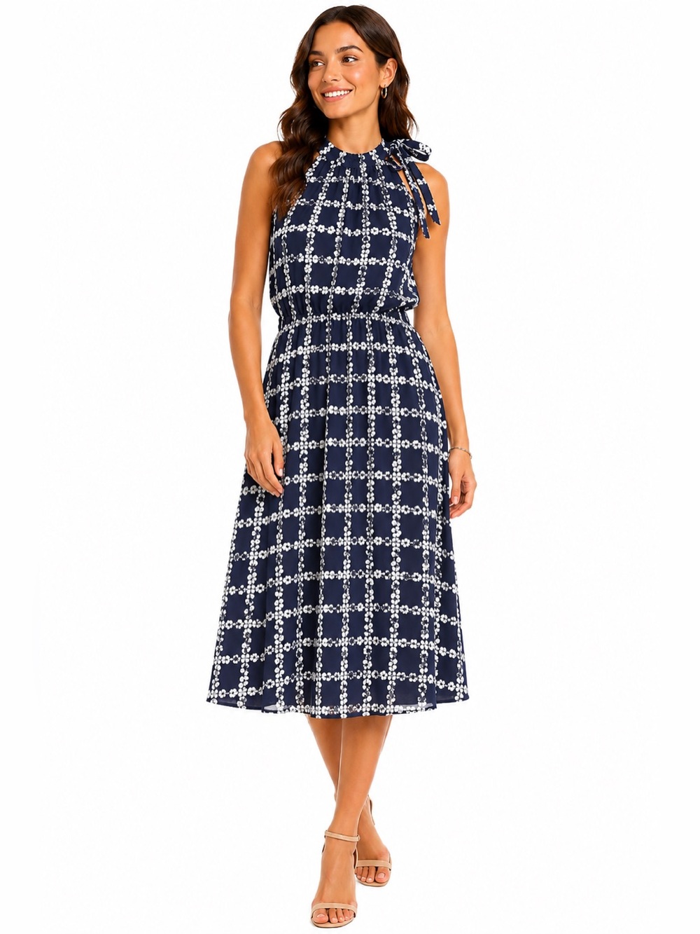 Maison Jules Navy White Floral Midi Dress Large Halter Sleeveless Tie Neck Lined